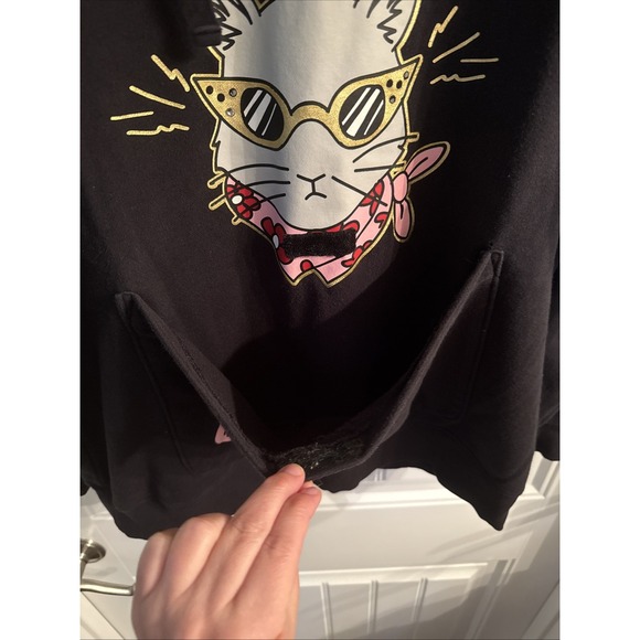 BOBS by Sketchers Black Cat Hoodie Sweatshirt Fasten Kitty Pouch Size Large - Picture 6 of 9